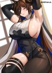  1girl absurdres animal_ears armpits arms_behind_head arms_up bangs bare_shoulders black_dress black_legwear blush breasts brown_hair closed_eyes cromwellb detached_sleeves dress extra_ears galleon_(granblue_fantasy) granblue_fantasy highres horns large_breasts long_hair long_sleeves pointy_ears sideboob smile solo thighhighs very_long_hair 