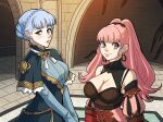  2girls architecture blue_hair braid breasts brick_floor brick_wall brown_eyes cleavage closed_mouth corset dress earrings fire_emblem fire_emblem:_three_houses fire_emblem_heroes hair_ornament heart heart_hair_ornament highres hilda_valentine_goneril hoop_earrings interior jewelry kinkymation large_breasts long_hair looking_at_viewer marianne_von_edmund multiple_girls open_mouth pink_eyes pink_hair ponytail strapless strapless_dress timeskip updo upper_body 