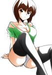  1girl arms_behind_back artist_name bangs bare_shoulders black_legwear blunt_bangs bob_cut breasts brown_eyes brown_hair casual cleavage closed_mouth collarbone commentary expressionless green_shirt knees_up large_breasts looking_at_viewer off-shoulder_shirt off_shoulder panties panty_peek pink_panties ranma_1/2 shirt short_hair short_shorts shorts simple_background sitting sketch solo tendou_nabiki thighhighs underwear white_background white_shorts yamada_(fanfantaisa) 