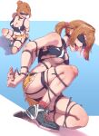  1girl absurdres ball_gag bangs bdsm blue_footwear bondage bound breasts commission eyebrows_visible_through_hair full_body gag girls&#039;_frontline grizzly_mkv_(girls&#039;_frontline) grizzly_mkv_(weekend_cop)_(girls&#039;_frontline) hair_ornament hair_scrunchie highres leveen medium_breasts multiple_girls multiple_views official_alternate_costume restrained scrunchie second-party_source short_hair short_ponytail short_shorts shorts skindentation tank_top thigh_strap torn_clothes v-shaped_eyebrows yellow_shorts 
