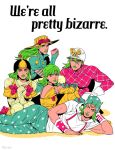  2girls 3boys argyle argyle_sweater beanie diego_brando goggles goggles_on_headwear green_hair green_lips gyro_zeppeli hand_on_own_face hat helmet horseshoe hot_pants_(sbr) johnny_joestar jojo_no_kimyou_na_bouken lucy_steel marion-ville multiple_boys multiple_girls star_(symbol) star_print steel_ball_run sweater wide_brim 