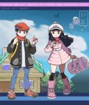  1boy 1girl :o alternate_costume backpack bag black_hair black_legwear boots buttons closed_mouth cloud commentary copyright_name dawn_(pokemon) day dreambig drifloon duffel_bag eyelashes floating_hair full_body grey_eyes hair_ornament hairclip hand_up hat highres holding holding_poke_ball long_hair lucas_(pokemon) orange_headwear orange_scarf outdoors outline over-kneehighs pants pink_bag pink_coat poke_ball poke_ball_(basic) pokemon pokemon_(creature) pokemon_(game) pokemon_bdsp scarf shoes short_hair sidelocks sky smile standing sweater thighhighs watermark white_headwear yellow_bag 
