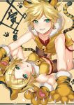  1boy 1girl animal_costume animal_ears animal_hands animal_print bell boy_on_top cat_paws chinese_zodiac claws commentary_request highres inue_ao kagamine_len kagamine_rin looking_at_viewer pantyhose piercing short_shorts shorts siblings tiger_costume tiger_ears tiger_print twins vocaloid year_of_the_tiger 