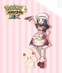  1girl :d alcremie alcremie_(strawberry_sweet) apron arm_up black_hair chef_hat commentary copyright_name dawn_(pokemon) dreambig dress eyelashes full_body grey_eyes hair_ornament hairclip hand_on_hip hat highres leg_warmers long_hair official_alternate_costume open_mouth outline oven_mitts pokemon pokemon_(creature) pokemon_(game) pokemon_masters_ex red_dress red_footwear red_mittens shoes short_sleeves sidelocks smile standing tongue watermark white_headwear yellow_apron 