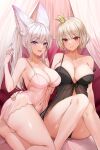  2girls absurdres animal_ears arm_around_waist ass breast_press breasts cleavage crotch_seam crown highres knees_up large_breasts legs_together lillly looking_at_viewer mini_crown multiple_girls navel nightgown original purple_eyes red_eyes sitting smile thick_thighs thighs white_hair 