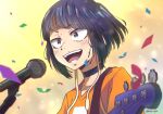  1girl :d bangs blue_hair blush boku_no_hero_academia choker confetti english_commentary guitar happy highres holding holding_instrument instrument jirou_kyouka kukie-nyan microphone music open_mouth orange_shirt portrait shirt short_hair shoulder_strap singing smile solo sweat teeth 