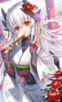  1girl alternate_costume dragon_girl dragon_horns fate/grand_order fate_(series) floral_print flower folding_fan hair_flower hair_ornament hand_fan highres holding holding_fan horns japanese_clothes kimono kiyohime_(fate) long_hair long_sleeves morizono_shiki multiple_horns obi outdoors print_kimono red_eyes sash snowing solo torii white_hair white_kimono wide_sleeves 