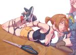  2girls asphyxiation bangs bdsm blue_footwear bondage bound breasts closed_eyes commission eyebrows_visible_through_hair full_body girls&#039;_frontline grizzly_mkv grizzly_mkv_(girls&#039;_frontline) grizzly_mkv_(weekend_cop)_(girls&#039;_frontline) hair_ornament hair_scrunchie highres leveen medium_breasts multiple_girls official_alternate_costume peril restrained scissors scrunchie second-party_source short_hair short_ponytail short_shorts shorts skindentation tank_top thigh_strap v-shaped_eyebrows yellow_shorts 