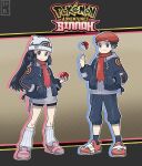  1boy 1girl alternate_costume beanie bike_shorts black_hair capri_pants closed_mouth commentary copyright_name dawn_(pokemon) dreambig english_commentary eyelashes full_body grey_eyes hair_ornament hairclip hand_in_pocket hat highres holding holding_poke_ball jacket knees long_hair loose_socks lucas_(pokemon) open_clothes open_jacket outline pants pink_footwear poke_ball poke_ball_(basic) pokemon pokemon_(game) pokemon_dppt red_footwear red_headwear red_scarf ribbed_legwear scarf shoes sidelocks smile socks standing white_headwear 