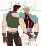  &gt;_&lt; 2boys :d ^^^ ass_grab ass_shake battle_tendency black_hair blonde_hair blue_shirt caesar_anthonio_zeppeli crop_top facial_mark feather_hair_ornament feathers fingerless_gloves from_behind gloves hair_ornament headband heart jojo_no_kimyou_na_bouken joseph_joestar joseph_joestar_(young) male_focus midriff motion_lines multiple_boys shirt sleeveless sleeveless_turtleneck smile spadelake surprised t-shirt trembling turtleneck xd 