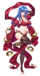  1girl :d absurdres alternate_costume barefoot blue_eyes blue_hair blush breasts caeda_(fire_emblem) cleavage dancer dancing fire_emblem fire_emblem:_mystery_of_the_emblem hair_ornament harem highres large_breasts long_hair looking_at_viewer nez-box open_mouth panties pelvic_curtain pose red_panties slave smile solo thighhighs underwear white_background 