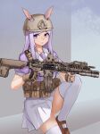  1girl absurdres ammunition_pouch animal_ears assault_rifle bangs brown_footwear brown_headwear camouflage fingerless_gloves gloves gun h&amp;k_hk416 helmet highres holding holding_weapon horse_ears horse_girl kneehighs leg_up long_hair looking_to_the_side mejiro_mcqueen_(umamusume) open_mouth pouch purple_eyes purple_hair purple_shirt rifle sharpy_(kdy000913) shirt shoes short_sleeves sitting skirt solo teeth trigger_discipline umamusume weapon white_legwear white_skirt 