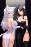  2girls absurdres animal_ear_fluff animal_ears arched_back ass back bare_shoulders bikini black_choker black_dress black_hair black_legwear breasts cat_ears cat_girl cat_tail choker cleavage cocktail_dress cowboy_shot dress from_behind hair_ribbon highres holding_hands large_breasts leg_garter long_hair looking_at_viewer looking_back multiple_girls nero_(shirone) one_side_up open_mouth original pelvic_curtain ribbon shio_(shirone) side-tie_bikini side-tie_peek side_slit sidelocks sleeveless sleeveless_dress smile smug standing string_bikini swimsuit tail thighhighs thighs white_choker white_dress white_hair yukaring1 