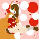  anthro bell canid canine christmas christmas_clothing clothing collar female fluffy fluffy_tail fox hair hair_over_eye holidays legwear lummoxfox mammal one_eye_obstructed pattern_background simple_background solo stockings zoey_soul 