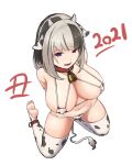  1girl 2021 animal_ears animal_print bangs bell bikini breasts chinese_zodiac cleavage collar cow_ears cow_girl cow_horns cow_print cow_tail cowbell from_above full_body grey_hair highres horns kneeling large_breasts looking_at_viewer micro_bikini mole mole_under_eye multicolored_hair navel neck_bell open_mouth original pon-co2 purple_eyes soles streaked_hair swimsuit tail thighhighs toeless_legwear toes white_bikini white_legwear year_of_the_ox 