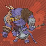  1:1 angry anthro armor axe barbarian behemoth_(ff) big_muscles chest_tuft chrm claws digitigrade_footwear facial_hair final_fantasy fur genitals glowing glowing_eyes hi_res horn humanoid male melee_weapon muscular nipples penis purple_body purple_fur solo square_enix tuft vein veiny_penis video_games weapon 