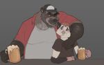  16:10 2022 alcohol anthro beer beverage blush clothing duo embrace facial_hair hat headgear headwear horrorbuns hug humanoid_hands male mammal mature_male mustache overweight overweight_male procyonid raccoon shirt topwear widescreen 