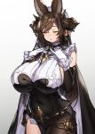  1girl animal_ears bangs bare_shoulders black_dress black_legwear blush breasts brown_hair closed_eyes detached_sleeves dress extra_ears galleon_(granblue_fantasy) granblue_fantasy highres horns houtengeki large_breasts long_hair long_sleeves pointy_ears solo thighhighs very_long_hair 