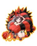  1girl arm_up bangs bare_legs beanie black_hair blue_eyes clenched_hand collarbone colored_sclera commentary_request cropped_torso fangs fire floral_print full_body furu_kaze green_eyes green_shorts hat highres holding_person incineroar looking_at_viewer orange_outline outline pectorals pokemon pokemon_(creature) pokemon_(game) pokemon_sm print_shirt red_headwear selene_(pokemon) sharp_teeth shirt shoes short_hair short_shorts short_sleeves shorts simple_background slit_pupils sneakers swept_bangs t-shirt teeth tied_shirt upper_body white_background yellow_sclera 