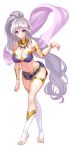 1girl absurdres alternate_costume asymmetrical_legwear bare_legs barefoot blue_eyes blush breasts cleavage dancer earrings fire_emblem fire_emblem:_genealogy_of_the_holy_war fire_emblem_heroes grey_hair harem highres ishtar_(fire_emblem) jewelry large_breasts long_hair looking_at_viewer nez-box pelvic_curtain ponytail purple_hair slave smile solo thighhighs veil very_long_hair white_background 
