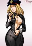 1girl artist_name black_bodysuit blurry bodysuit boku_no_hero_academia breasts brown_eyes cleavage dated hat head_tilt large_breasts latex latex_bodysuit light_brown_hair long_hair looking_at_viewer mina_cream navel open_mouth parted_lips pulled_by_self skin_tight solo standing stomach utsushimi_kemii watermark web_address wrist_cuffs zipper zipper_pull_tab 