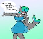  absurd_res anthro big_breasts blush breasts clothing cute_expression deanna_(tyler_3d) dress female fish hair hi_res marine requiem_shark shark shy simple_background smooth_skin solo tiger_shark tyler_3d_(artist) waving_hand 