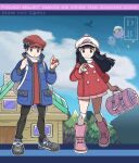  1boy 1girl :o backpack bag black_hair boots closed_mouth coat commentary copyright_name dawn_(pokemon) dreambig drifloon duffel_bag eyelashes floating_hair full_body grey_eyes hair_ornament hairclip hand_up hands_up hat highres holding holding_poke_ball holding_strap long_hair lucas_(pokemon) open_clothes open_coat outline over-kneehighs pants pink_bag pink_footwear poke_ball poke_ball_(basic) pokemon pokemon_(creature) pokemon_(game) pokemon_bdsp red_coat red_headwear red_sweater scarf shoes short_hair sidelocks smile sneakers standing sweater thighhighs watermark white_bag white_headwear white_legwear white_scarf 