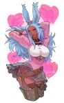  1girl absurdres animal_ears arms_behind_head arms_up artist_name avatar_(ff14) belt blue_hair breasts brown_legwear cascanor_(artist) collar dark-skinned_female dark_skin english_commentary final_fantasy final_fantasy_xiv freckles garter_straps hat heart highres large_breasts long_hair long_sleeves metal_collar military_hat one_eye_closed pink_shirt rabbit_ears rabbit_girl red_eyes shirt skirt smile solo sparkle thighhighs viera 