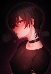  1boy bangs black_background black_eyes black_hair black_shirt blush choker collarbone commentary_request covered_nipples eyebrows_visible_through_hair from_side highres in_(ain) korean_commentary lips looking_at_viewer male_focus open_mouth original shirt short_hair short_sleeves simple_background solo 