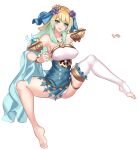  1girl alternate_costume alternate_hair_length alternate_hairstyle asymmetrical_hair bare_arms bare_legs bare_shoulders barefoot blonde_hair blue_eyes blush breasts collarbone covered_nipples dancer earrings fire_emblem fire_emblem_heroes fjorm_(fire_emblem) flower hair_flower hair_ornament harem jewelry long_hair looking_at_viewer medium_breasts multicolored_hair nez-box open_mouth panties slave smile solo spread_legs underwear white_background white_panties 