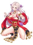  1girl absurdres alternate_costume bare_legs bare_shoulders barefoot braid breast_grab breasts cleavage dancer dancer_(three_houses) dancing earrings edelgard_von_hresvelg fire_emblem fire_emblem:_three_houses fire_emblem_heroes grabbing grabbing_own_breast grey_hair harem highres jewelry large_breasts long_hair looking_at_viewer nez-box pelvic_curtain purple_eyes slave smile solo_focus white_background 