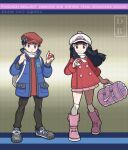  1boy 1girl :o backpack bag black_hair blue_coat boots closed_mouth coat commentary copyright_name dawn_(pokemon) dreambig duffel_bag eyelashes floating_hair full_body grey_eyes grey_footwear hair_ornament hairclip hand_up hat highres holding holding_poke_ball long_hair long_sleeves lucas_(pokemon) outline over-kneehighs pants pink_bag pink_footwear poke_ball poke_ball_(basic) pokemon pokemon_(game) pokemon_bdsp red_coat red_headwear red_sweater scarf shoes short_hair sidelocks smile standing sweater thighhighs watermark white_bag white_headwear white_legwear white_scarf 
