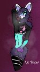  9:16 ailurid anonymous_artist anthro big_penis clothing embarrassed genitals girly hair hi_res knot legwear long_hair male mammal penis purple_body red_panda simple_background solo steam topwear 