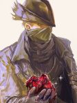 1boy blood bloodborne cloak coat commentary_request gloves guri_otoko hat highres holding holding_clothes hunter_(bloodborne) male_focus mask mouth_mask original short_hair simple_background solo sparkle tricorne white_background 
