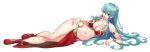  1girl absurdres armpits bangs bare_legs bare_shoulders bikini blue_eyes blue_hair blush boots breasts cleavage collarbone dancer earrings eirika_(fire_emblem) fire_emblem fire_emblem:_the_sacred_stones fire_emblem_heroes harem highres jewelry large_breasts long_hair looking_at_viewer lying nez-box on_side open_mouth pelvic_curtain shoes slave smile solo swimsuit tongue tongue_out 