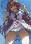  1girl :d ahoge belt brown_eyes brown_hair commission giant giantess highres huge_ahoge kantai_collection kuma_(kancolle) kuma_kai_ni_(kancolle) kuro_oolong long_hair looking_down navel panties pleated_skirt red_ribbon ribbon sailor_collar school_uniform serafuku shirt short_sleeves signature skeb_commission skirt smile solo underwear very_long_hair white_belt white_panties white_shirt white_skirt 