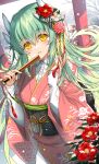  1girl alternate_costume dragon_girl dragon_horns fate/grand_order fate_(series) floral_print flower folding_fan green_hair hair_flower hair_ornament hand_fan highres holding holding_fan horns japanese_clothes kimono kiyohime_(fate) long_hair long_sleeves morizono_shiki multiple_horns obi outdoors pink_kimono print_kimono sash snowing solo torii wide_sleeves yellow_eyes 