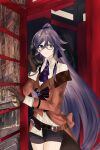  1girl absurdres bangs black_gloves black_hair black_shorts blue_eyes brown_jacket cover detective fu_hua fu_hua_(valkyrie_accipter) gloves hair_between_eyes highres holding holding_phone honkai_(series) honkai_impact_3rd jacket long_hair long_sleeves looking_at_viewer monocle phone phone_booth polo_shirt ponytail shirt shorts white_shirt yorutic 