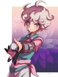  1boy absurdres ahoge amayu_(amaamailust) bangs bede_(pokemon) closed_mouth collared_shirt commentary_request curly_hair dynamax_band gloves great_ball grey_hair highres holding holding_poke_ball looking_at_viewer male_focus partially_fingerless_gloves pink_shirt poke_ball pokemon pokemon_(game) pokemon_swsh purple_eyes shirt short_hair short_sleeves shorts signature solo tied_shirt undershirt 