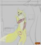  anthro bandai_namco black_sclera blue_eyes blush coffeekit digimon digimon_(species) female hi_res looking_at_viewer renamon shower shower_curtain showering sketch solo 