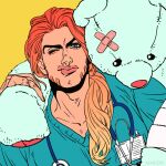  1boy badge bandaid beard blue_eyes contemporary doctor facial_hair flat_color gyro_zeppeli jojo_no_kimyou_na_bouken lips male_focus marion-ville one_eye_closed red_hair solo steel_ball_run stethoscope stuffed_animal stuffed_toy teddy_bear 