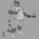  2022 anthro belly bulge clothing cooking hat headgear headwear horrorbuns humanoid_hands male mammal mature_male monochrome navel overweight overweight_male procyonid raccoon solo underwear 