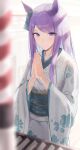  1girl absurdres animal_ears blush box closed_mouth donation_box eyebrows_visible_through_hair floral_print hatsumoude highres hiroserii horse_ears horse_girl japanese_clothes kimono light_purple_hair long_hair long_sleeves mejiro_mcqueen_(umamusume) obi print_kimono purple_eyes sash solo umamusume white_kimono wide_sleeves 