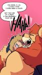  2019 anthro blue_eyes blush claws clothing comic dialogue duo english_text felid fur furry_force hairy_arms hi_res hoodie human komoroshi_(artist) laugh leon_(furry_force) lion male male/male mammal mane motorboating pale_skin pantherine parachute parka pec_smothering pecs pink_background red_mane sharp_teeth simple_background speech_bubble teeth text topwear wilson_(furry_force) yellow_body yellow_fur 
