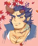 1boy autumn_leaves bara blush broken_horn cropped_shoulders demon_boy demon_horns facial_hair fiery_horns goatee highres horns long_sideburns looking_at_viewer male_focus mature_male mememori_(memento0726) muscular muscular_male red_eyes scar scar_on_neck short_hair sideburns smile solo stubble takemaru_(housamo) thick_eyebrows tokyo_afterschool_summoners tusks unfinished 