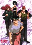  1990s_(style) bangs belt black_eyes black_hair carrying_over_shoulder expressionless floating_hair hand_in_pocket hand_on_hip hiei_(yu_yu_hakusho) highres kurama_(yu_yu_hakusho) kuwabara_kazuma logo long_hair looking_at_viewer male_focus official_art red_eyes red_hair retro_artstyle scan serious shirt shirt_tucked_in short_hair short_sleeves slacks smile standing t-shirt tank_top urameshi_yusuke yu_yu_hakusho 