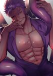  1boy abs alternate_hair_color bara beard dagon_(housamo) dark-skinned_male dark_skin facial_hair fish_boy highres jewelry large_pectorals long_sideburns male_focus mature_male muscular muscular_male navel necklace open_clothes open_shirt pectoral_cleavage pectorals purple_hair red_eyes short_hair sideburns smile solo stomach stubble tentacles tokyo_afterschool_summoners touou 