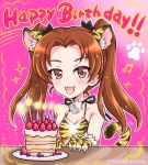  1girl :3 :d animal_ears animal_hands animal_print artist_name bangs beamed_eighth_notes bikini birthday_cake black_bow bow breasts brown_eyes brown_hair cake chinese_zodiac commentary dated english_text fangs food girls_und_panzer gloves hair_bow halterneck happy_birthday kadotani_anzu kemonomimi_mode kuromori_yako long_hair looking_at_viewer musical_note new_year open_mouth parted_bangs paw_gloves paw_print plate print_bikini small_breasts smile solo sparkle swimsuit tail tiger_ears tiger_print tiger_tail twintails year_of_the_tiger yellow_bikini 