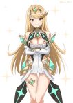  1girl absurdres bangs bare_legs bare_shoulders blonde_hair breasts chest_jewel cleavage cleavage_cutout clothing_cutout crossed_arms dress earrings elbow_gloves gloves highres jewelry large_breasts legs long_hair mythra_(xenoblade) ryochan96154 short_dress smile swept_bangs thigh_strap tiara very_long_hair white_dress white_gloves xenoblade_chronicles_(series) xenoblade_chronicles_2 yellow_eyes 