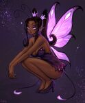  1girl absurdres antennae artist_name bare_arms bare_shoulders breasts brown_hair butterfly_wings choker commentary dark-skinned_female dark_skin dress eyeshadow fairy fingernails full_body high_heels highres jasmine_(matilda_fiship) large_breasts long_fingernails long_hair looking_at_viewer makeup matilda_fiship original pink_eyes pointy_ears purple_choker purple_dress purple_footwear purple_lips shoes simple_background solo sparkle squatting twintails wings 